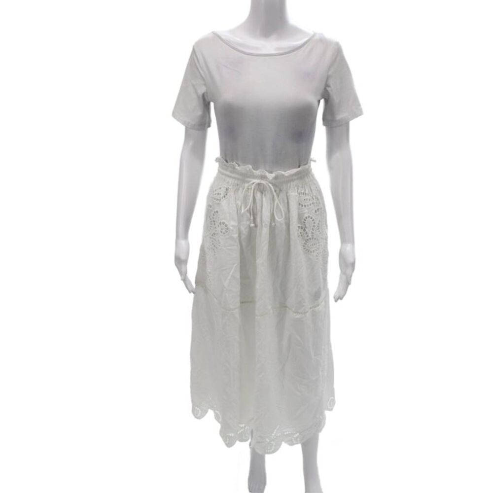Zara Women A-Line Floral Cotton Long Skirt Drawstring White Size XS